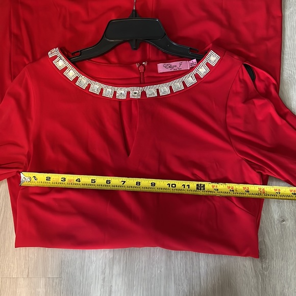 Eliza J Rhinestone Diamond Gem Split Sleeve Red Dress - Picture 7 of 9